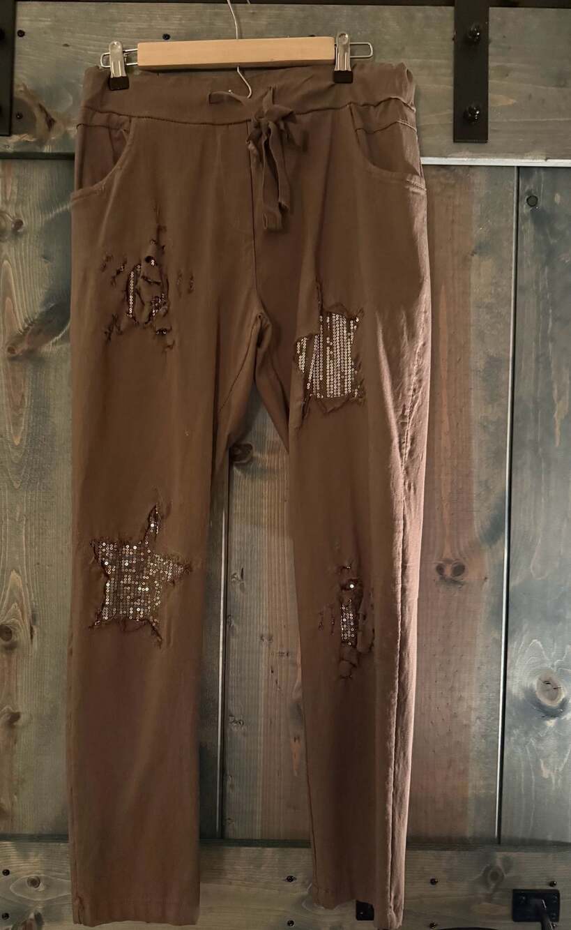 VENTI6 Sequin Star Patch Ripped Pants Size L Brown pants